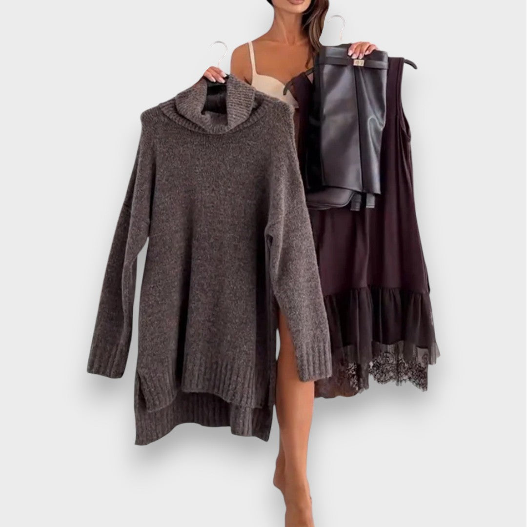 Luna | Toiminnallinen vapaa-ajan asu pitsisellä korkean kauluksen neuleella